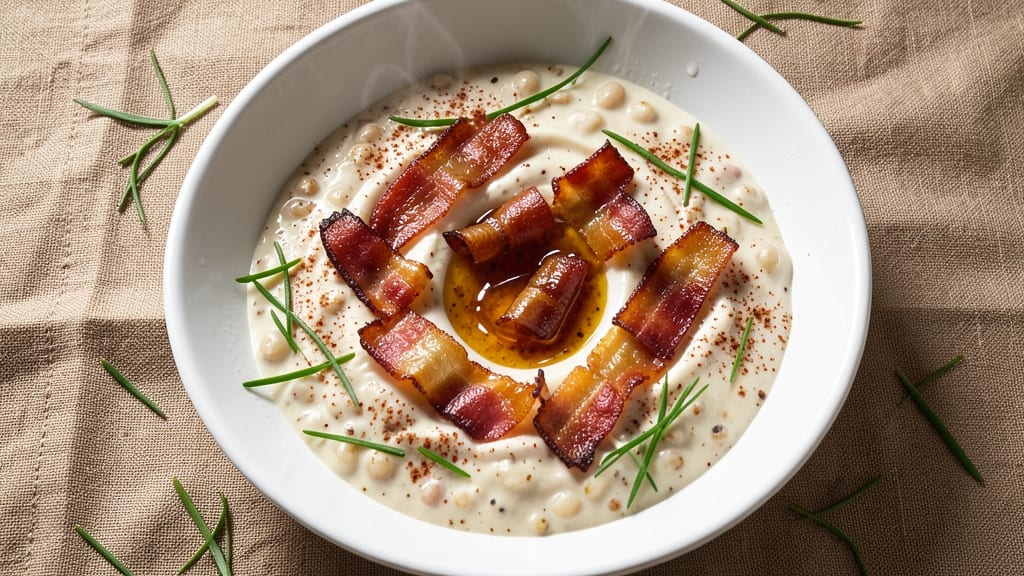Bean with Bacon Soup Dip Recipe: Smoky Crunch Topping Over Creamy Bean Base