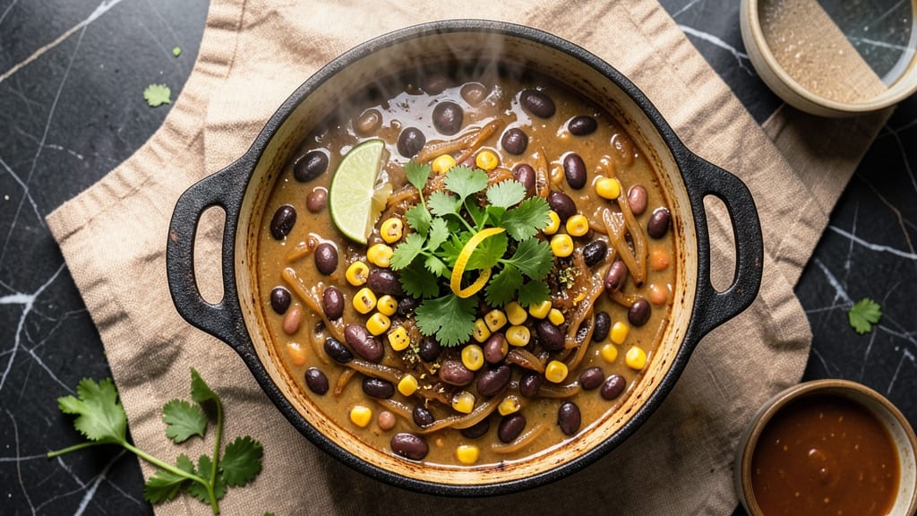 Bean Pot Taco Soup Recipe: Charred Tortilla Crunch Over Smoky Black Bean Base