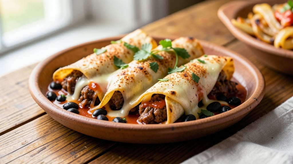 Beef Bean and Cheese Enchilada Recipe: Smoky Tortilla Layers With Melty Cheese Rivers