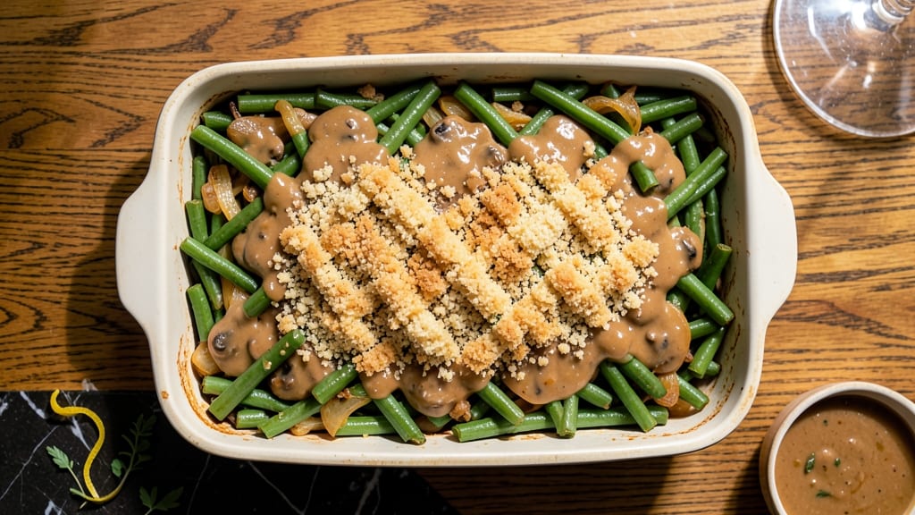 Amish Green Bean Casserole Recipe: Crispy Fried Onions Over Creamy Mushroom Melt