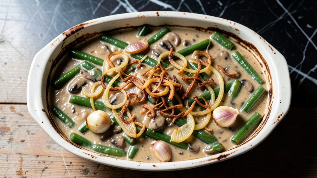 Best Of Bridge Green Bean Casserole Recipe: Golden French Fried Onions Over Creamy Mushroom Sauce