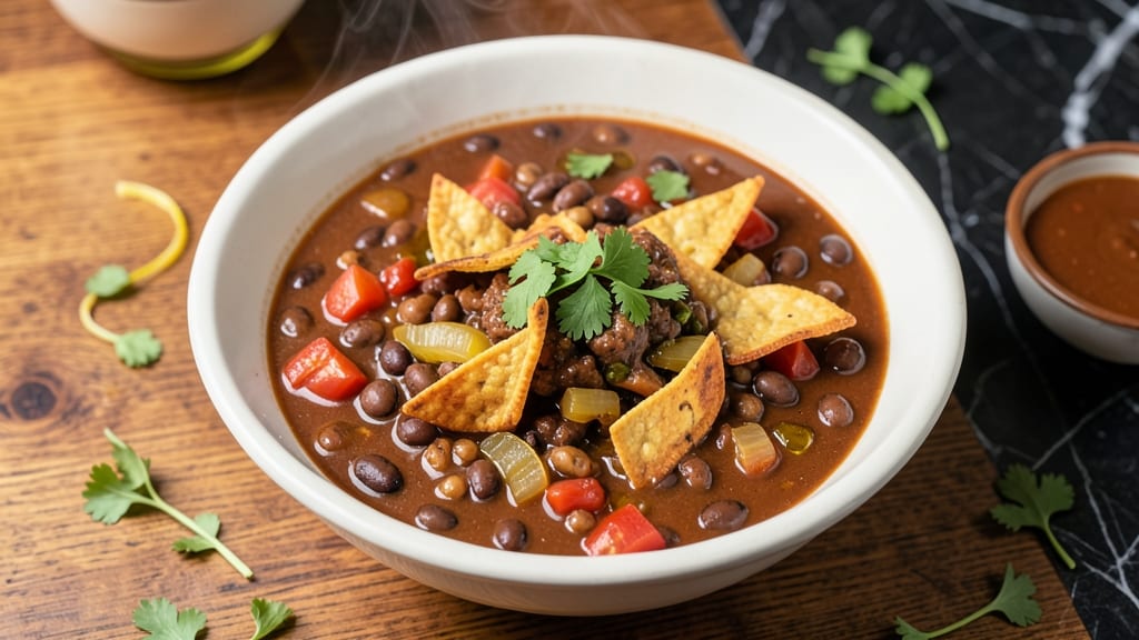 Black Bean Enchilada Soup Recipe: Charred Tortilla Crunch Over Smoky Cumin-Lime Broth