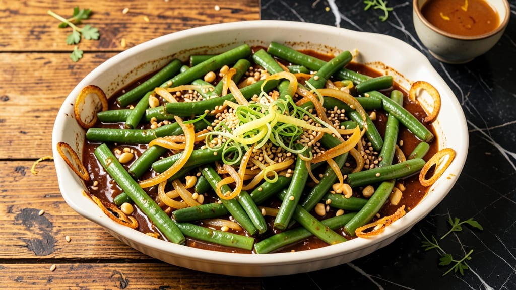 Asian Green Bean Casserole Recipe: Crispy Fried Onion Crowns Over Savory Soy-Ginger Sauce