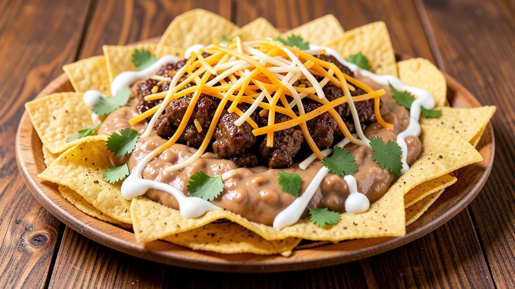 Beef and Bean Nachos Recipe: Melted Cheese Rivers Over Hearty Protein