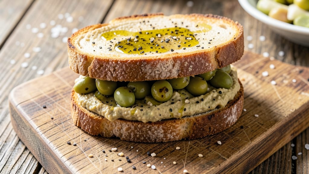 Broad Bean Sandwich Recipe: Crunchy Toasted Seeds and Creamy Hummus Fusion