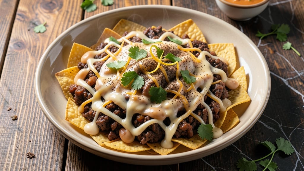 Beef Bean Cheese Nachos Recipe: Crispy Tortilla Stacks with Melty Cheese Rivers