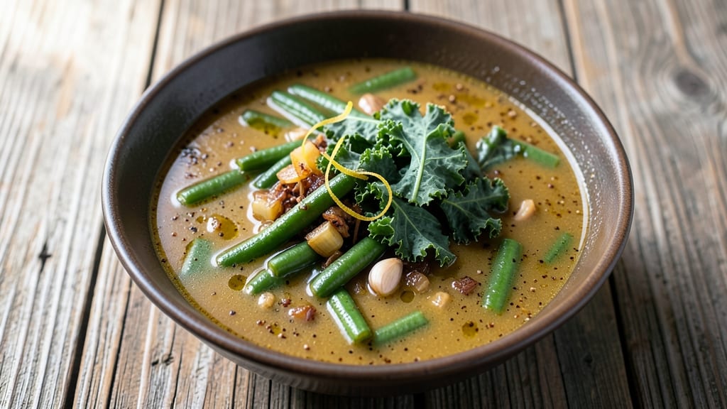 Azorean Green Bean and Kale Soup Recipe: Earthy Herb-Infused Comfort With Crispy Bread Topping