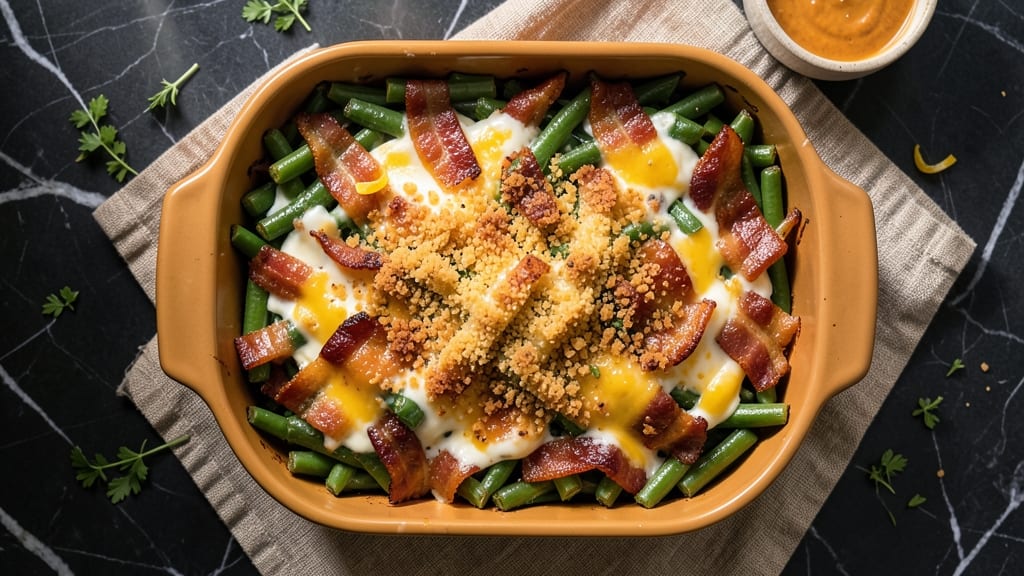 Bacon Cheddar Green Bean Casserole Recipe: Smoky Bacon Crunch Over Melted Cheese Layers