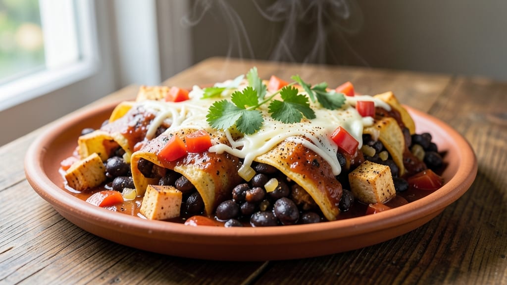 Black Bean and Tofu Enchiladas Recipe: Spiced Tortilla Wraps with Melty Cheese Rivers