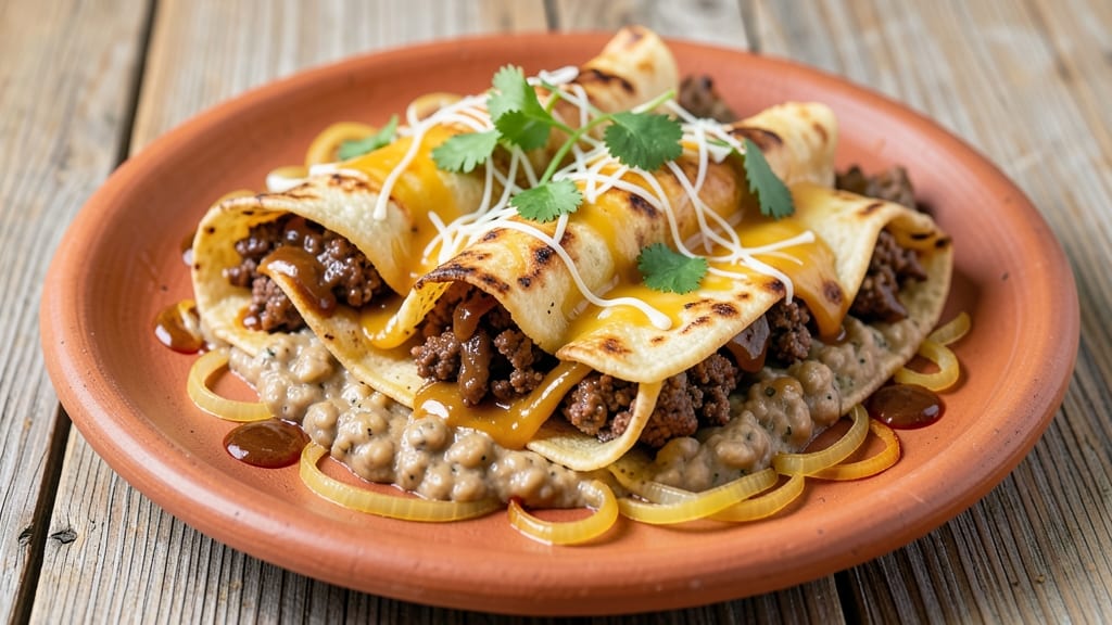 Beef and Refried Bean Enchiladas Recipe: Cheese-Stretched Crunch Over Smoky Cumin Filling